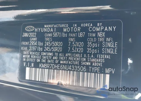 2022 Hyundai Palisade Calligraphy z USA, uszkodzony, nr VIN KM8R7DHE6NU433506